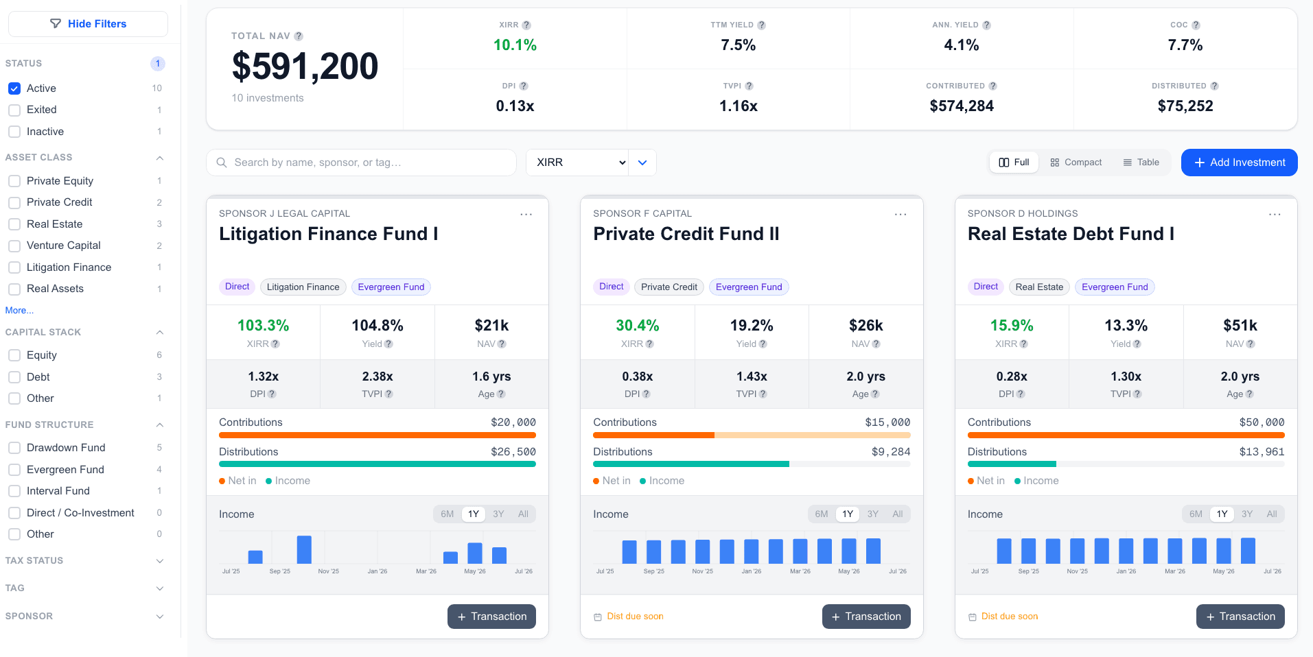 AltTrack portfolio dashboard showing NAV, invested capital, returns, projected cash flow, and portfolio exposure