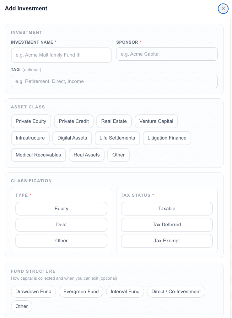 AltTrack add investment workflow showing sponsor, asset class, investment type, commitment, tax status, and current value