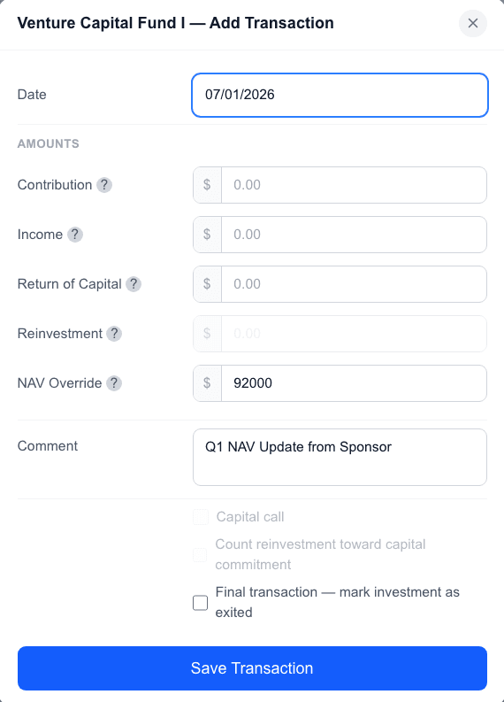 AltTrack NAV update workflow showing a sponsor-reported valuation being entered and reflected in portfolio performance and allocation
