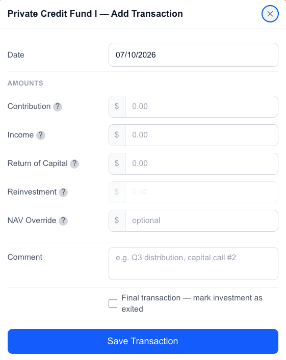 AltTrack transaction entry showing contributions, income, return of capital, capital calls, reinvestments, fees, NAV updates, and exits