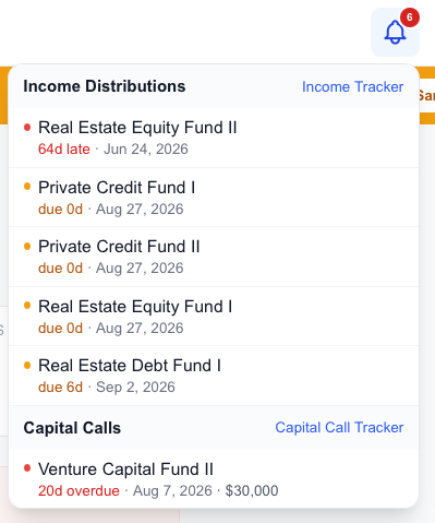 AltTrack alerts showing upcoming, due, and potentially late income payments