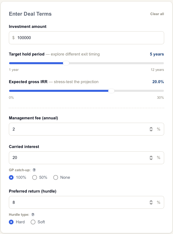 Fee and carried interest calculator showing investment amount, hold period, expected gross IRR, management fee, carry, and waterfall terms