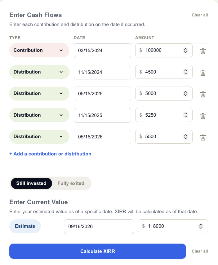 XIRR calculator showing contributions, distributions, and current value for a real estate investment